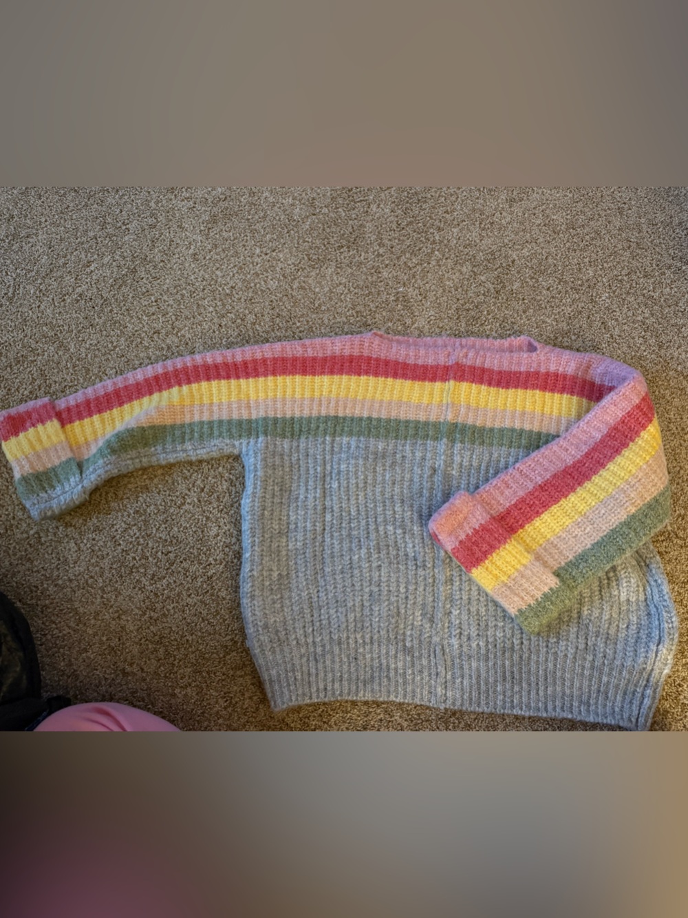 POL Grey Ribbed Crewneck Sweater with Pastel Stripe Sleeves